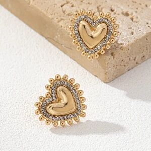 Heart Shaped Stud Earrings 14K Gold Plated Sparkling Rhinestones